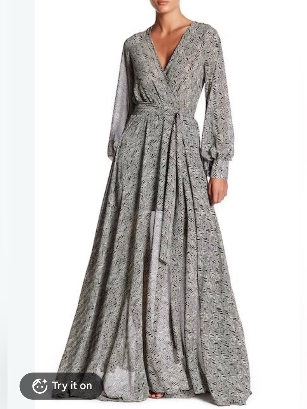 Meghan Los Angeles Grey Woodgrain Printed LilyPad Long Sleeve Maxi Dress